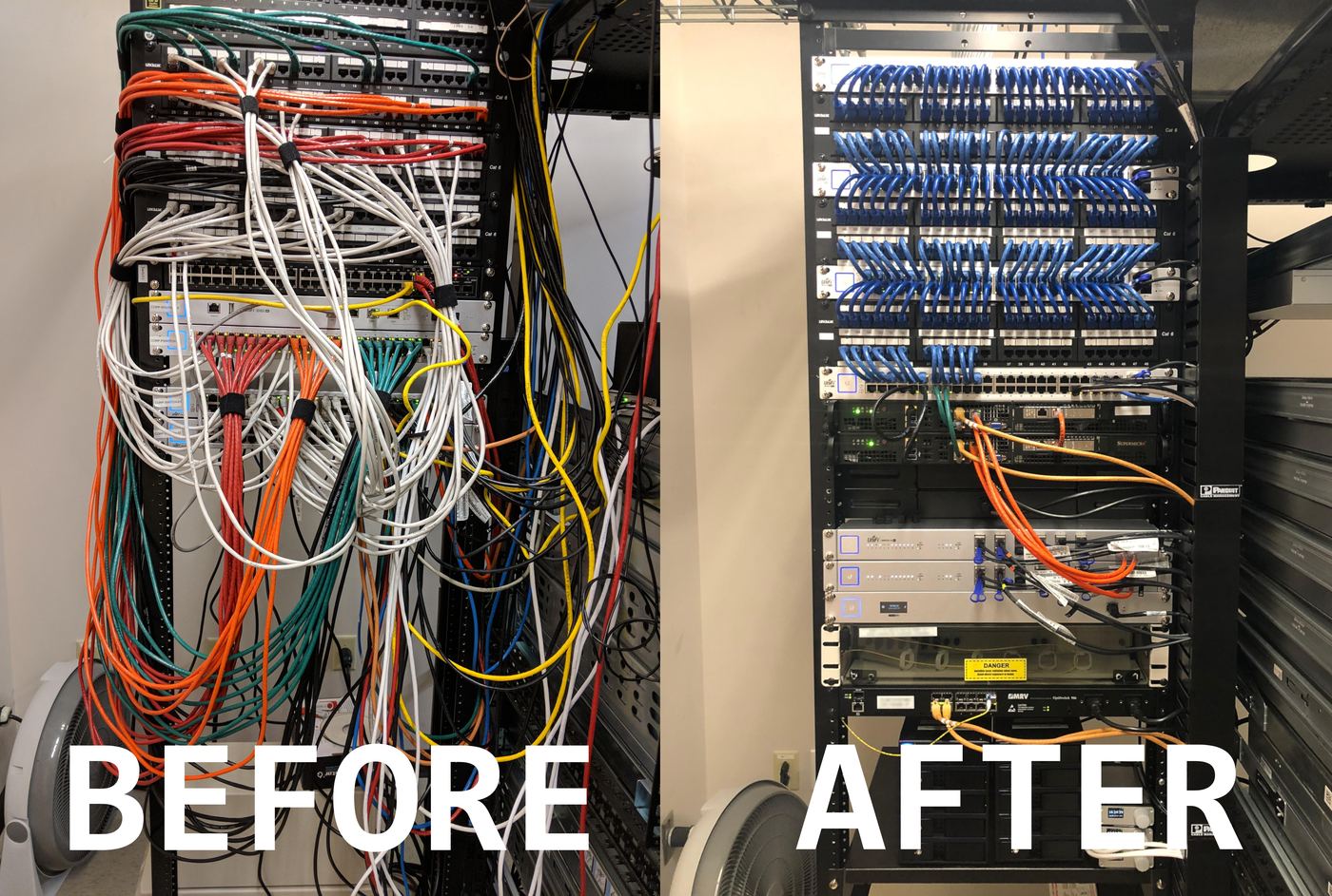 Antes y después de una reorganización de cableado, switches y patch panels en un gabinete de red